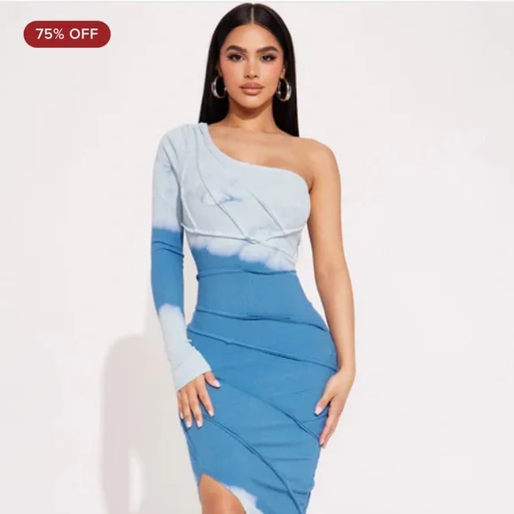 Caught In A Tie Dye Off-Shoulder Midi Dress - Blue/White - Picture 1 of 16